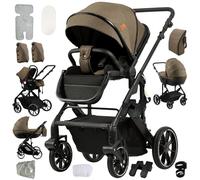 Nine point nine 4 in 1 Pushchair Pram Travel System, 4 in 1 Baby Stroller with One-Click Folding, Toddler Buggy Reversible Two Pushing Modes, Newborn Infant Carriage Aluminum Frame (688 Khaki)
