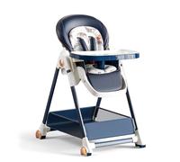 Nine point nine PU Leather Highchair, Foldable Convertible Baby Feeding Dining Chair with 6 Heights 3 Reclining Positions, High Chair for Baby and Toddler Detachable Double Trays & Wheels (808 Blue)