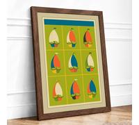 Nine Sailboats Grid Mid-Century Framed Wall Art Print A1 (84.1×59.4cm) Walnut, Wall Decor for Living Room, Bedroom, Office & Home, Ready to Hang, Art Gift
