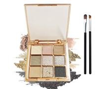 Nine Shade Matte Shimmer Glitter Eyeshadow Palette in Transparent Case with Mirror & Brushes - Versatile Neutral Smoky Tones for Day Evening Makeup All Skin Tones & Eye Colours