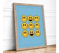 Nine Smiling Faces Retro Framed Wall Art Print A4 Oak | Ready to Hang, Premium Gi Paper, Fade-Resistant Inks, Securely Packaged, UK Made