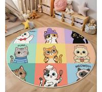 Nine-Square Grid Animals Round Rug, 120cm Low Pile Area Rugs Non Slip Carpet Cat With Many Different Outfits Washable Circle Rug, Non Slip, Non Shedding for Children's Rooms, Playroom, Light Purple