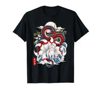 Nine Tailed Kitsune Fox and Dragon Japanese Temple Moon Art Value Graphic T-Shirt