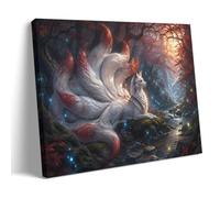 Nine-Tailed Kitsune Fox in Enchanted Japanese Forest Poster 08x12inch | Red-tipped white tails, glowing woodland lights and a winding stream, richly detailed fantasy illustration