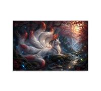Nine-Tailed Kitsune Fox in Enchanted Japanese Forest Poster 24x36inch | Red-tipped white tails, glowing woodland lights and a winding stream, richly detailed fantasy illustration