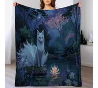 Nine-Tailed White Fox Of The Forest Flannel Throw Blanket With 3D Printing For Bed Sofa Travel, Single Super Soft Fuzzy Fluffy Anime Style Blanket For Adults And Kids, 130 X 150 Cm Dark Blue