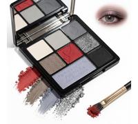 Nine-Tone Matte Shimmer Glitter Eyeshadow Palette in Sl lack Case with Mirror - Cool-Toned Shades Including Red, Beige, Grey, Silver, Lavender for High Pigmentation Smokey Gothic Makeup Looks