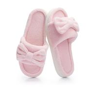 NineCiFun Womens Cute Bow Open-Toe Slippers Plush Faux Fur Lining Memory Foam Fuzzy House Shoes Non-Slip Indoor Outdoor Cozy Slippers, Pink, 9-10