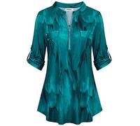 Ninedaily Women's 3/4 Sleeve Plaid Shirts Zip Floral Casual Tunic Blouse Tops, A-peacock Blue, XL