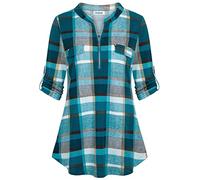 Ninedaily Women's 3/4 Sleeve Plaid Shirts Zip Floral Casual Tunic Blouse Tops, A-turquoise, XL