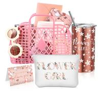 Ninehaoou 10 Pcs Flower Girl Jelly Basket Set Flower Girl Tumbler Sunglasses Makeup Bag Hair Scrunchies Clip Proposal Card with Pen Envelope Plastic Handbag for Wedding Bridal Shower(Pink)