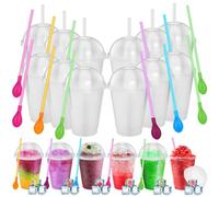 Ninehaoou 12 Sets Slushie Cups with Dome Lids and Straws Detachable Spoon Straws Reusable 16 oz Plastic Iced Coffee Cups Smoothie Tumbler for Birthdays Summer Party Supplies (Transparent White)