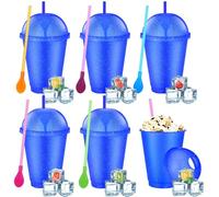 Ninehaoou 6 Set Slushie Cups with Dome Lids and Straws Detachable Spoon Straws Reusable Plastic Iced Coffee Cups Smoothie Tumbler for Birthdays Summer Party Supplies(Blue,16 oz)