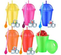 Ninehaoou 6 Set Slushie Cups with Dome Lids and Straws Detachable Spoon Straws Reusable Plastic Iced Coffee Cups Smoothie Tumbler for Birthdays Summer Party Supplies (Mixed Color,16 oz)