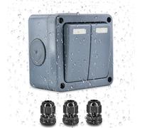 NineLeaf Light Switch,1PK 10A 2GANG Single Pole Double Throw SPDT Outdoor for Garage Garden and Workshop, 220V-240V, Grey,with 3PK M20x1.5 Black Compression Cable Connectors