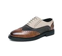 Ninepointninetynine Dress Formal Shoes for Men Lace Up Two Tone Patchwork Brogue Embossed PU Leather Slip Resistant Block Heel Low Top Non Slip Anti-Slip Classic (Color : White Brown, Size : 7.5 UK