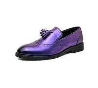 Ninepointninetynine Dress Oxford for Men Slip On Pointed Burnished Toe Crocodile Embossed Wingtips with Tassel Block Heel Rubber Sole Anti-Slip Non Slip Working (Color : Purple, Size : 11 UK)