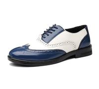 Ninepointninetynine Formal Shoes for Men Lace Up Brogue Embossed Wing tip PU Leather Two Tone Oxford Shoes Low Top Slip Resistant Anti-Slip Rubber Sole Block Heel (Color : Blue White, Size : 7.5 UK