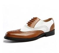 Ninepointninetynine Formal Shoes for Men Lace Up Brogue Embossed Wing tip PU Leather Two Tone Oxford Shoes Low Top Slip Resistant Anti-Slip Rubber Sole Block Heel (Color : Brown, Size : 10.5 UK)