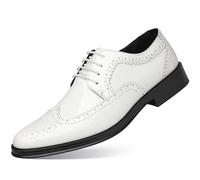Ninepointninetynine Formal Shoes for Men Lace Up Pointed Toe Brogue Embossed Wing tip Patent Leather Derby Shoes Anti-Slip Non Slip Rubber Sole Low Top Party(Color:White,Size:9 UK)