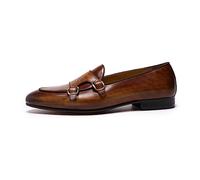 Ninepointninetynine Loafers for Men Pointed Toe Genuine Leather Double Monk Strap Loafer Flexible Anti-Slip Slip Resistant Walking Slip-ons (Color : Brown, Size : 6 UK)