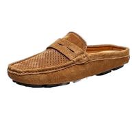 Ninepointninetynine Men's Loafers Nubuck Leather Mule Slippers Sandals Penny Loafers Backless Slip Resistant Lightweight Flat Heel Walking Fashion Slip-ons (Color : Brown Hollow out, Size : 9 UK)