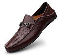Ninepointninetynine Men's Loafers Vegan Leather Solid Color Apron Toe Penny Loafers Flat Heel Flexible Slip Resistant Casual Slip-on (Color : Brown Hollow Out, Size : 9.5 UK)