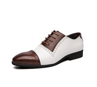 Ninepointninetynine Oxford Formal Shoes for Men Lace Up Two Tone White and Brown Brogue Cap Toe Vegan Leather Rubber Sole Block Heel Slip Resistant Wedding(White Brown,10 UK)