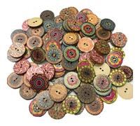 NINFEIQI 50Pcs Vintage Buttons, Printed Round Shape 2 Holes Wooden Coloured Craft Buttons for Sewing, Decoration, DIY, Dress