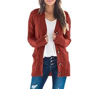 Ninfort Cardigan Sweaters for Women Long Sleeve Open Front Button Cable Knit Pockets Cardigans, Rust, M