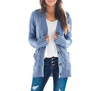 Ninfort Women's Cardigans Sweaters Long Sleeve Open Front Button Cable Knit Pockets, Sky Blue, XL