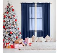 NINGBAI Linen Look Voile Curtains 170 x 60 cm Light Filtering Voile Curtains, Rod Pocket Slot Top, UV Protection Net Curtain for Windows for Girls Bedroom/Bedroom, Navy Blue