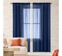 NINGBAI Linen Look Voile Curtains 270 x 90 cm Rod Pocket Sheer Curtain Semi Transparent Eyelet Sheer Curtain Panel Voile Tab Top Panels for Window Living Room/Kitchen, Navy Blue