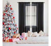 NINGBAI Linen Look Voile Curtains 90 x 70 cm Light Filtering Voile Curtains, Rod Pocket Slot Top, UV Protection Net Curtain for Windows for Girls Bedroom/Bedroom, Black