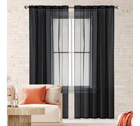 NINGBAI Linen Look Voile Curtains 90 x 70 cm Rod Pocket Sheer Curtain Semi Transparent Eyelet Sheer Curtain Panel Voile Tab Top Panels for Window Living Room/Kitchen, Black