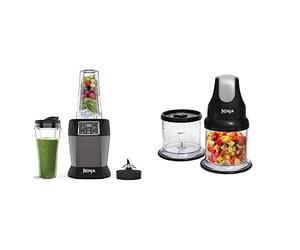 Ninja Blender with Auto-iQ [BN495UK] 1000 W, 2 x 700 ml Cups, Black/Silver & Ninja Professional Chopper [NJ1002UKBK] Stackable, 200W, Black