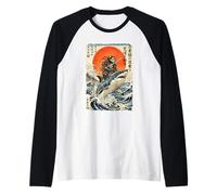 Ninja Cat Riding Shark | Ukiyo-e Art Raglan Baseball Tee