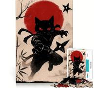 Ninja Cat with Shurikens And Red Sun Hard Jigsaw Puzzle for Adults 1000 Pieces Solid Logic Toy Simple Fun Precision Cut (38x52cm)
