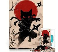 Ninja Cat with Shurikens And Red Sun Jigsaw Puzzle 1000 Piece for Teenagers Mind Skill Toy Peaceful Fun Design Assembly Unique Gift (38x26cm)