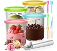 Ninja CREAMi Deluxe Tubs 4 Pack, 24oz Replacement Pint Containers with Colour Lids, Compatible with NC500 NC501 UK Series Ice Cream Makers, Includes 4 Spoons, 1 Aluminium Scoop & 1 Cup Brush