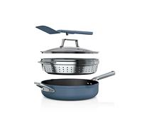 Ninja CW102BL Foodi NeverStick PossiblePan, Premium Set with 4-Quart Capacity Pan, Steamer/Strainer Basket, Glass Lid & Integrated Spatula, Nonstick, Durable & Oven Safe to 500°F, Macaron Blue