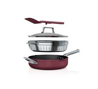 Ninja CW102RD Foodi NeverStick PossiblePan, Premium Set with 4-Quart Capacity Pan, Steamer/Strainer Basket, Glass Lid & Integrated Spatula, Nonstick, Durable & Oven Safe to 500°F, Cherry Tart