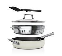 Ninja CW102WH Foodi NeverStick PossiblePan, Premium Set with 4-Quart Capacity Pan, Steamer/Strainer Basket, Glass Lid & Integrated Spatula, Nonstick, Durable & Oven Safe to 500°F, Vanilla Bean