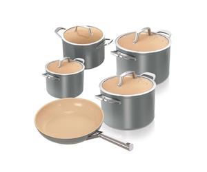 Ninja Extended Life CW95000EUUKDB Keramic Cooking Set 5-Piece (20 & 24 cm Sauté Pan + 16, 18 & 20 cm Pots & Lids), Non-Stick Coating (without PFAs, PFOAs, Lead & Cadmium), Oven-Safe, Grey & Terracotta