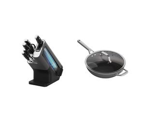 Ninja Foodi StaySharp Knife Block with Integrated Sharpener; 5 Knives and Scissors & ZEROSTICK Premium Cookware 28cm Wok with Glass Lid, Long Lasting, Non-Stick, Hard Anodised Aluminium, Induction