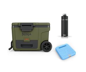 Ninja FrostVault Heavy-Duty Insulated Cool Box with Ninja Thirsti Bottle 530ml & Large Ice Pack, Wheeled Premium Cooler with Dry Zone Integrated Fridge-Temp Dry Storage Drawer, Olive, FB245AMZEUUKGN