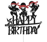 Ninja Happy Birthday Cake Topper, Kung Fu Karate Themed Birthday Party Decorations, Ninja Bday Decoration for Boys Girls, Warriors Themed Baby Shower Decor Black Glitter