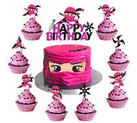 Ninja Happy Birthday Cake Toppers Set Pink for Girls Warrior Ninja Master Theme Baby Shower Birthday Party Decorations Supplies 25 Pack