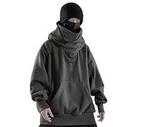 Ninja Men's Harajuku Pullover with Hood Shawl Collar Oversized Sweatshirt Streetwear Plain Turtleneck Vintage Double Neckline Hoodie, O Grey, 3XL