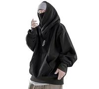 Ninja Men's Harajuku Pullover with Hood Shawl Collar Oversized Sweatshirt Streetwear Plain Turtleneck Vintage Double Neckline Hoodie, O Black, M